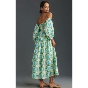 Anthropologie Let Me Be Midi Dress Blue Puff Sleeve Preppy Retro Vacation XS NWT